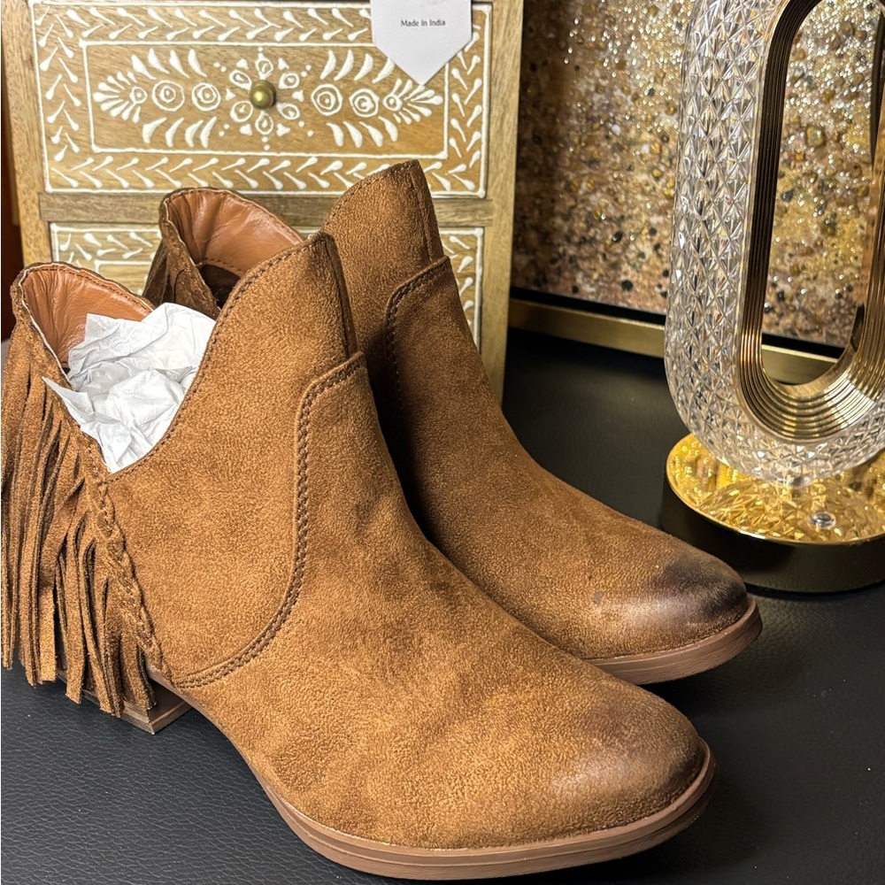 Not Rated Tan Fringe Ankle Booties